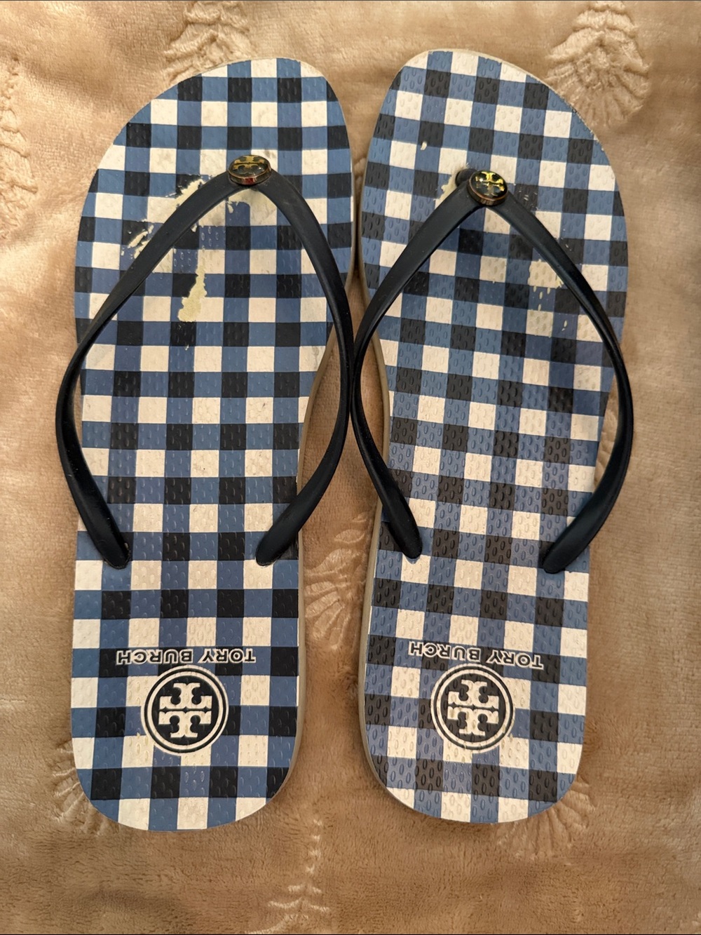 Tory Burch Navy and White Gingham Flip Flop Sandals with navy Straps